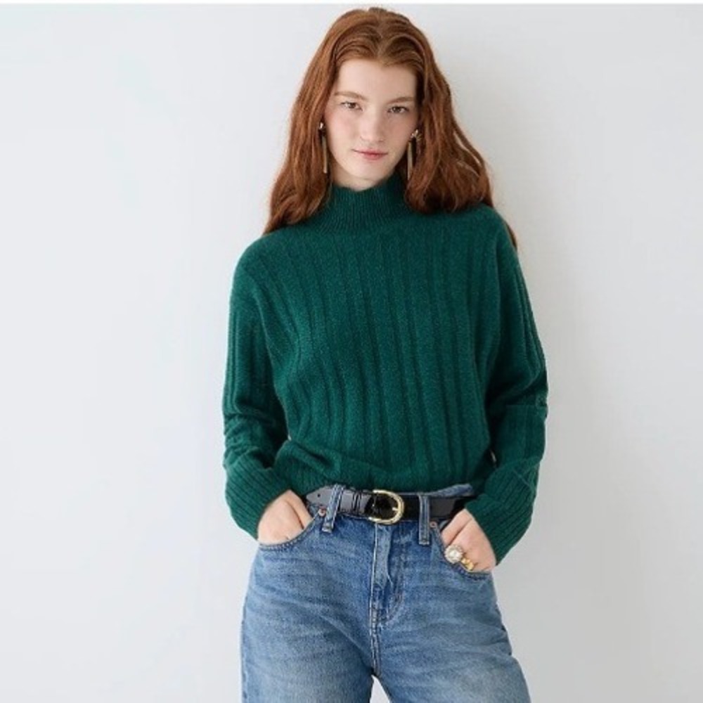 J. Crew Supersoft Jade Green Ribbed Mock Neck Sweater Sz XXS